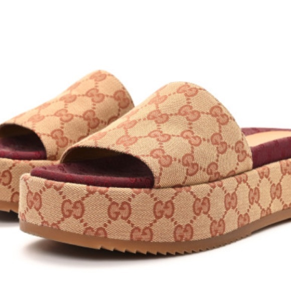 Canvas GG Monogram Angelina Platform Slide Sandals 36 Beige Ruggine